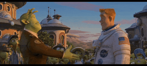 shrek and a man in a nasa uniform are talking to each other