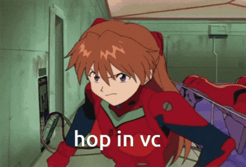 a cartoon of a girl with the words hop in vc on the bottom