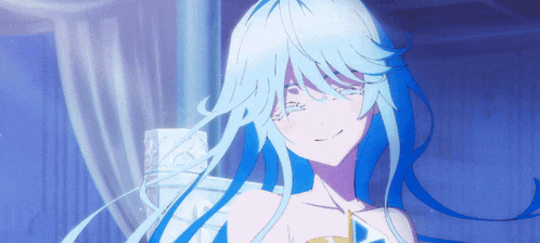 a girl with blue hair is smiling with tears coming out of her eyes