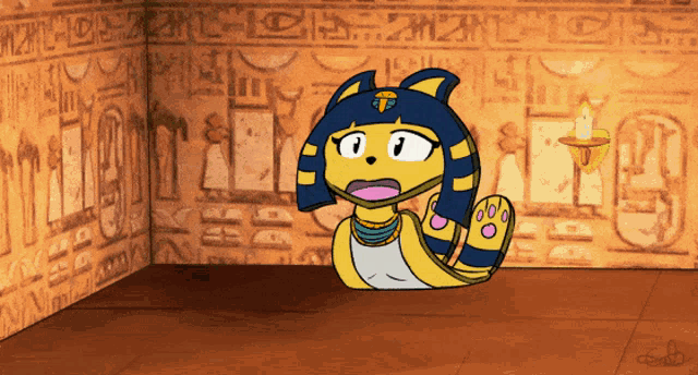 a cartoon drawing of an egyptian cat sitting in a corner of a room