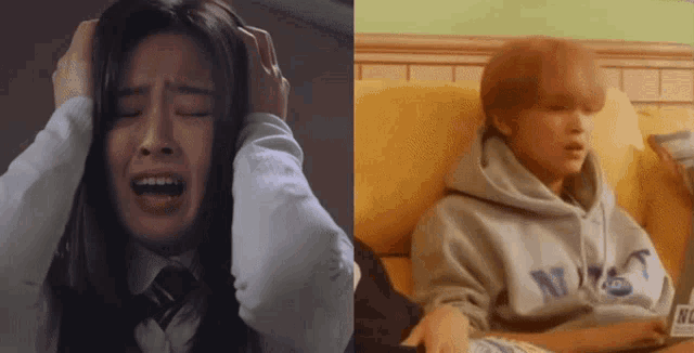 a girl is crying next to a boy wearing a hoodie that says nc on it