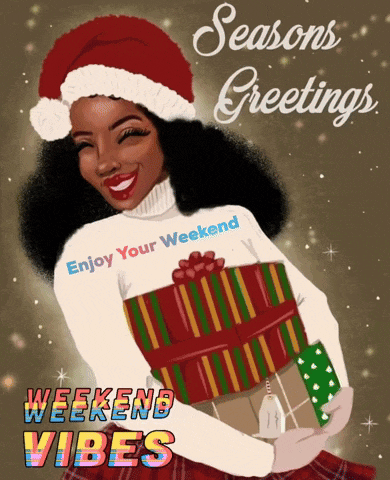 a woman wearing a santa hat is holding a stack of presents with the words seasons greetings weekend vibes below her