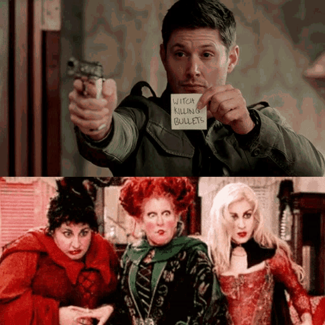 a man is pointing a gun at a woman with a note that says witch killing bullets