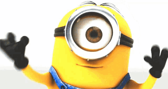 a yellow minion with a big eye is waving