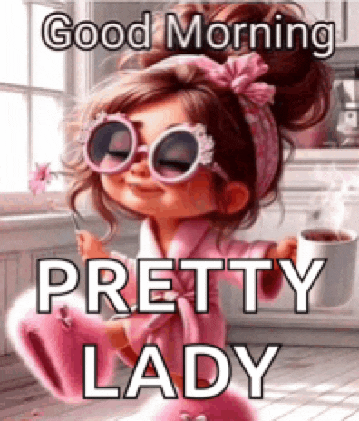a cartoon girl wearing sunglasses and a pink robe is holding a cup of coffee .