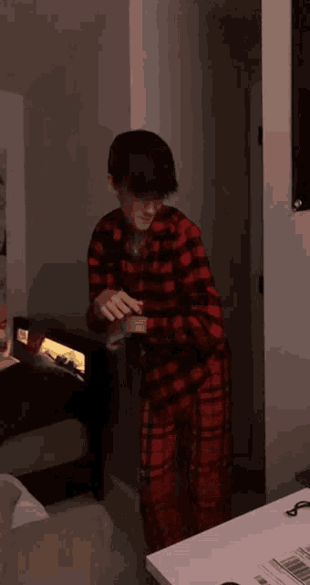 a man in a red and black plaid shirt is standing in a room