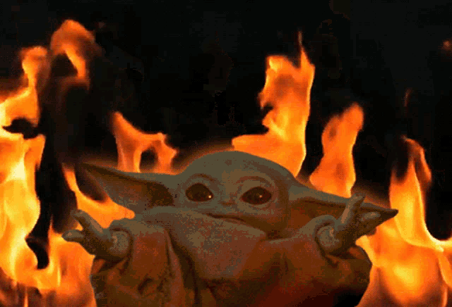 a stuffed animal is standing in front of a flame