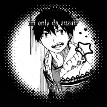 a black and white drawing of a boy with the words " i 'm only de zuzu " written on the bottom