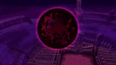 a cartoon character with purple hair is standing in front of a dark red background
