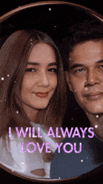 a picture of a man and a woman with the words " i will always love you " above them