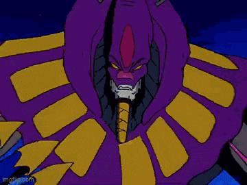 a cartoon character is fighting another cartoon character in a purple and yellow suit .