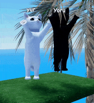 a white cat and a black cat are standing next to each other on top of a grass covered island .