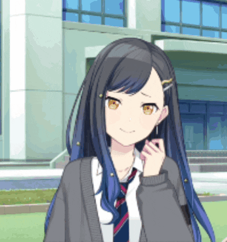 a girl with long blue hair wearing a tie and sweater
