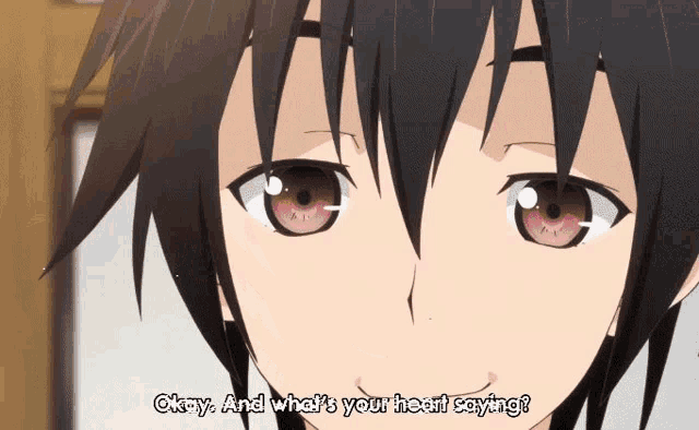 a close up of a person 's face with okay and what 's your heart saying
