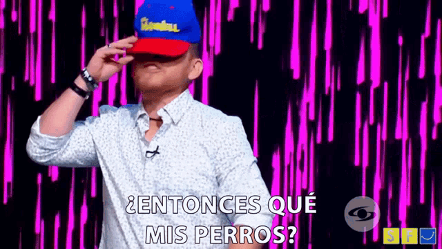 a man wearing a blue and red baseball cap says " entonces que mis perros ? "