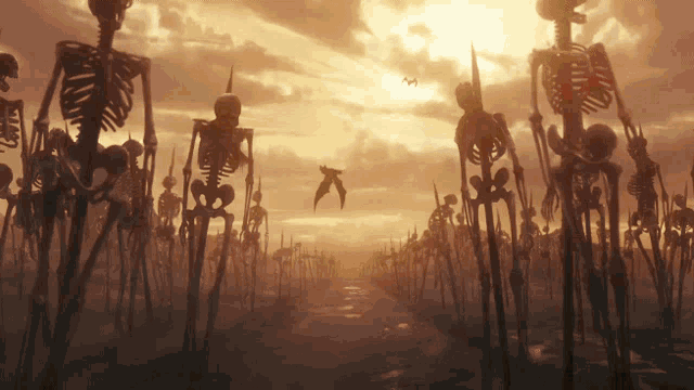 a group of skeletons are standing in a field