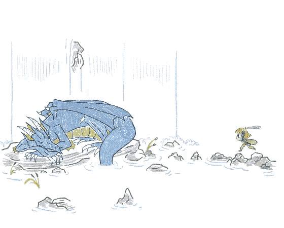 a drawing of a blue dragon laying on the ground in the water