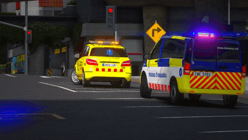 a yellow and blue vehicle with a license plate that says cme 9383