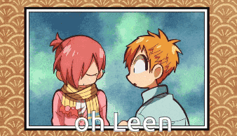 a cartoon of a boy and a girl with the words oh leen written below them