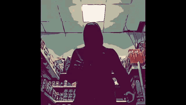 a cartoon of a person standing in a store with a shelf full of soda