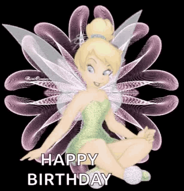 tinkerbell is sitting in front of a purple flower and says happy birthday .