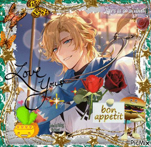 a picture of a man with a sign that says " love your bon appetit "