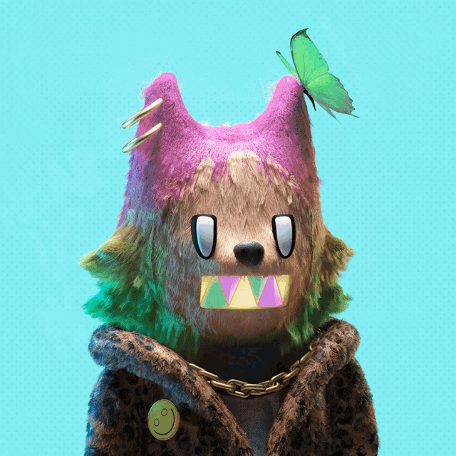 a stuffed animal with a butterfly on his head