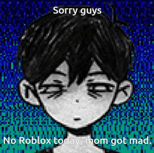 a pixel art of a boy with the words " sorry guys no roblox today mom got mad " on the bottom