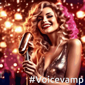 a woman is singing into a microphone with the hashtag #voicevamp on the bottom