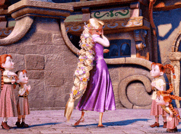 a cartoon of rapunzel standing next to a group of little girls