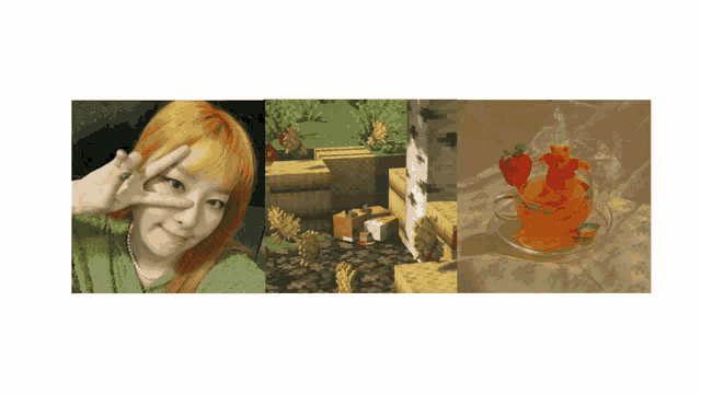 a girl with orange hair giving a peace sign next to a cup of tea with strawberries in it