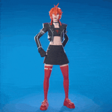 a girl with red hair is wearing a black skirt and red stockings