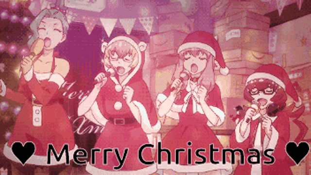 a group of anime girls singing merry christmas while holding microphones