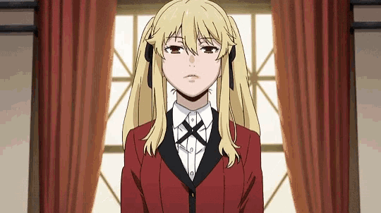 a blonde anime girl with pigtails and a red jacket
