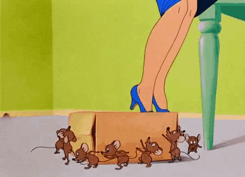 a woman in blue high heels is standing on a cardboard box surrounded by rats
