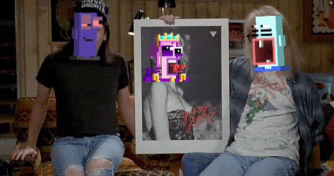 two people are sitting on a couch holding a framed picture of a woman with pixelated faces on their faces
