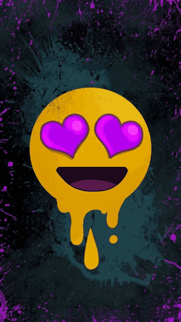 a yellow face with purple hearts in its eyes