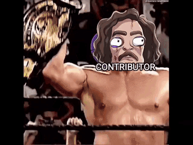 a cartoon of a wrestler holding a trophy with the word contributor written below him