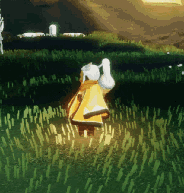 a cartoon character in a yellow cape is standing in a field