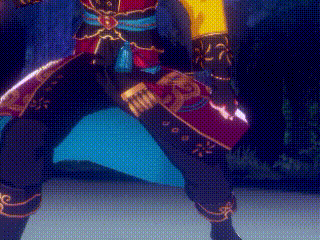 a person in a colorful costume is standing on a blue surface .