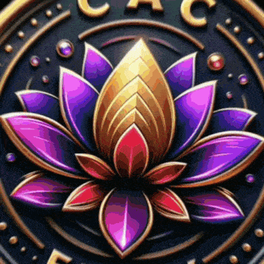 a purple and gold flower in a circle with the letters cac