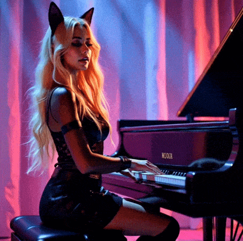 a woman wearing cat ears is playing a piano made by musca