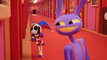 a purple rabbit and a jester are standing next to each other on a red carpet .