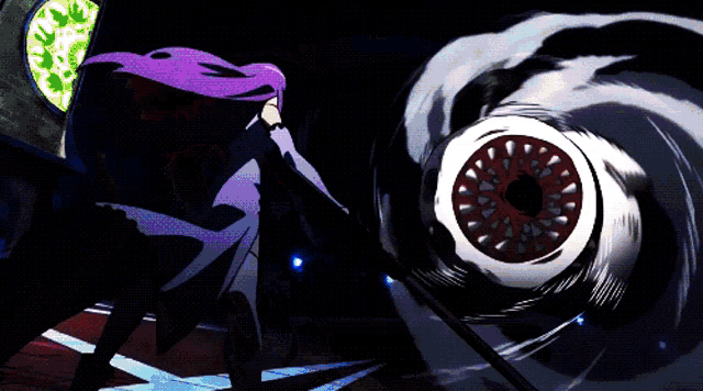 a woman with purple hair is standing in front of a giant eye