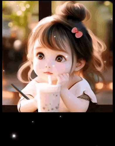 a little girl with a pink bow in her hair drinking from a cup with a straw
