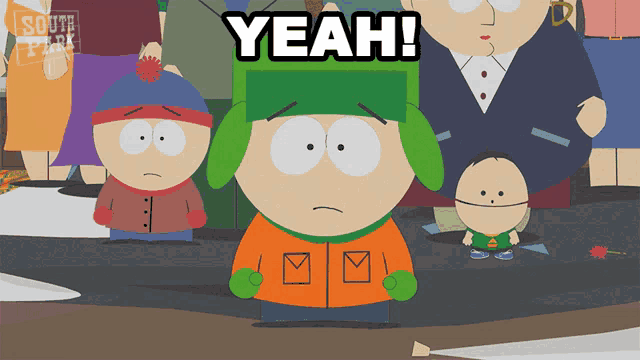 a south park cartoon character says yeah in front of a crowd