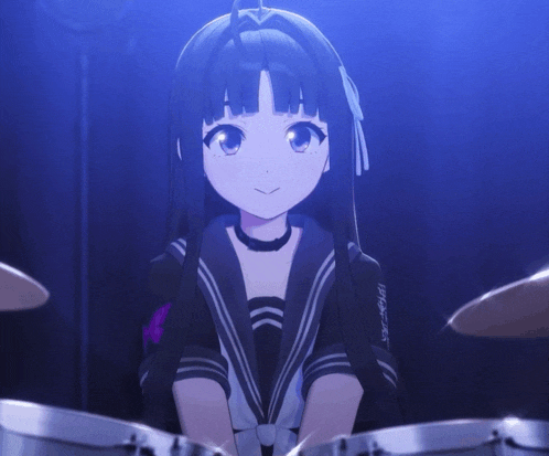 a girl with a choker around her neck is sitting in front of drums