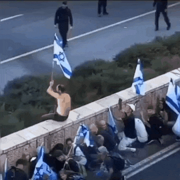 a man is sitting on a wall holding a flag while a group of people are holding flags .