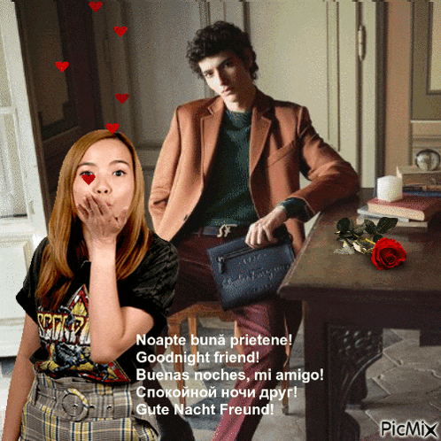 a woman blowing a kiss next to a man sitting at a table with a red rose