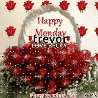 a happy monday greeting card with a basket of red roses